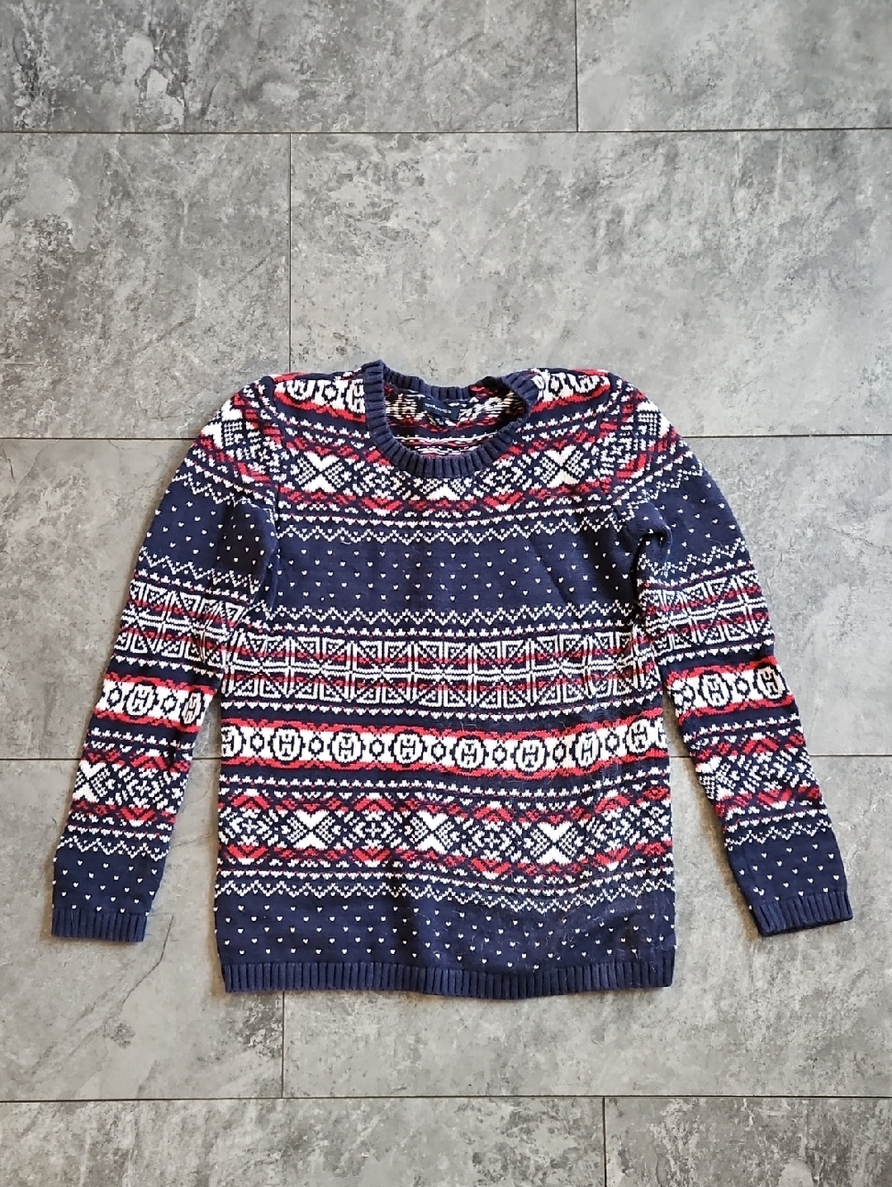 Tommy Hilfiger Navy Fair Isle Crewneck Sweater with Red & White Pattern